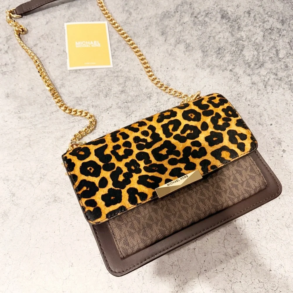 NEW Michael Kors Jade Large Gusset Crossbody Leopard Leather Handbag